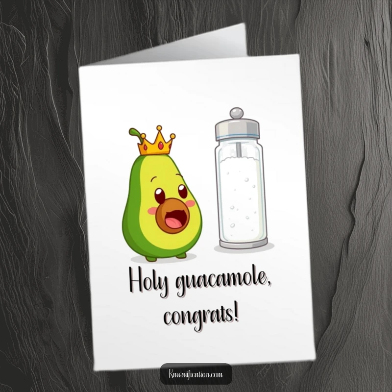 Funny Free Printable Congratulations Card: A tiny-crowned avocado startled by an enormous salt shaker.