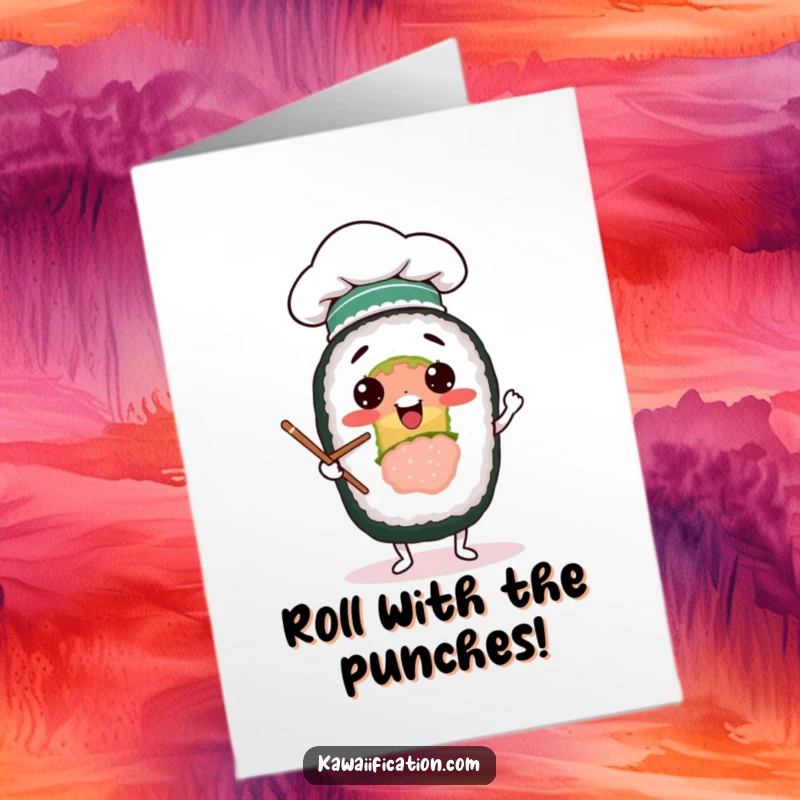 Free Printable congratulations card with a sushi roll chef comically juggling chopsticks.