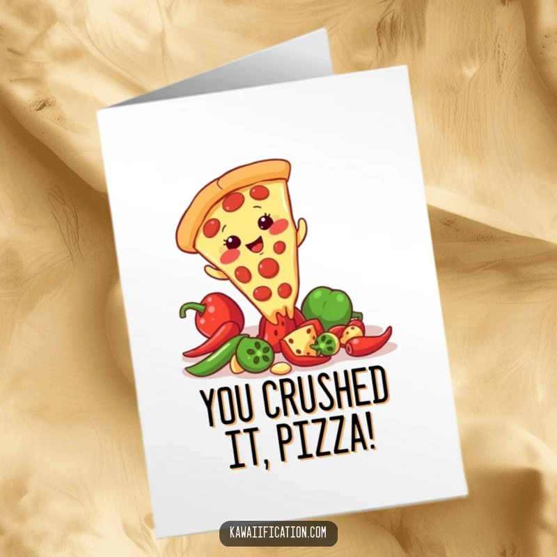 Funny Free Printable Congrats Card: Giggling pizza slice character slipping dramatically on a pepper, celebrating an achievement.