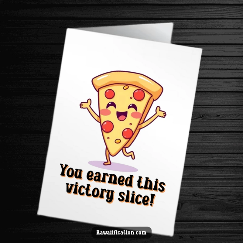 Funny Free Printable Congratulations Card: A joyful pizza slice character dancing with pure delight and cheesy enthusiasm.