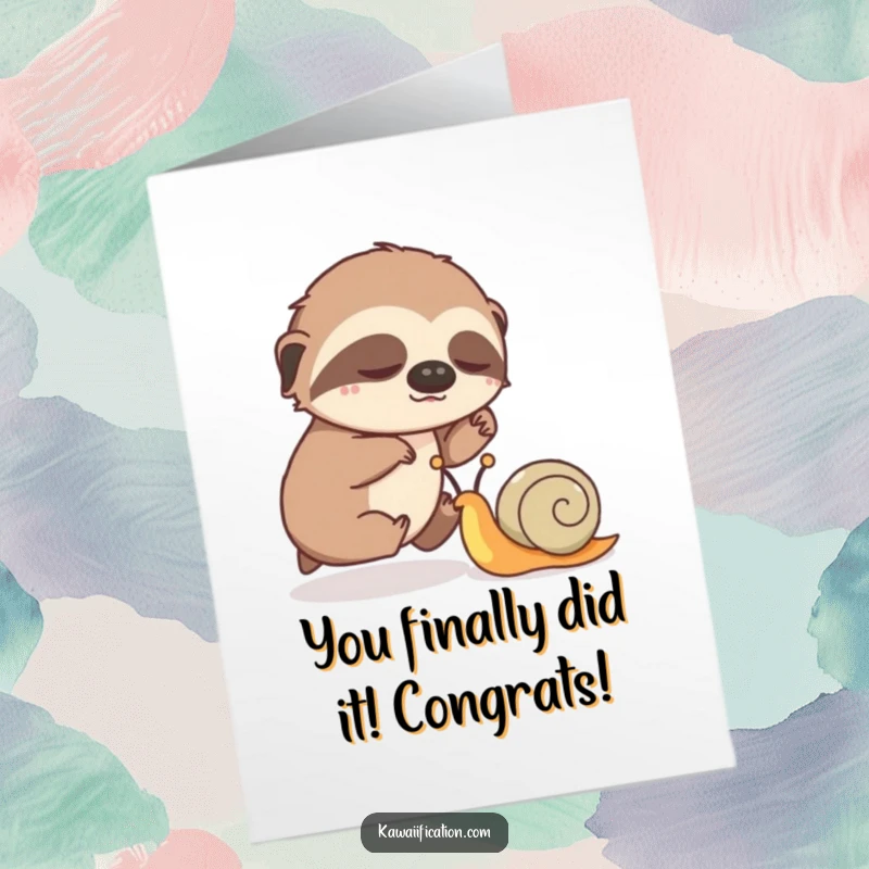 Funny Free Printable Congratulations Card: A sleepy sloth watches a snail win a race, a humorous downloadable for any achievement.