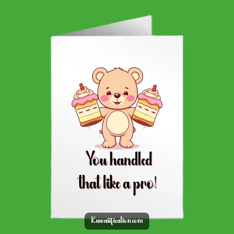 Free Printable Congrats Card: Teddy Bear Juggling Cakes Funny Downloadable Greeting