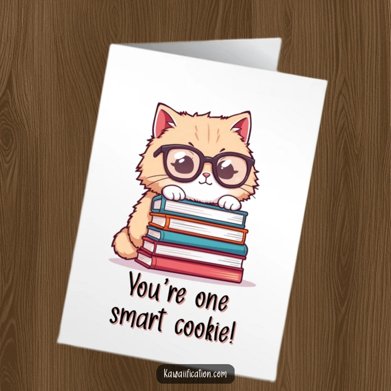 Funny Free Printable Congratulations Card: Fluffy cat with glasses attempts to balance books, celebrating smarts.