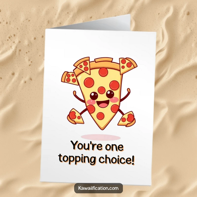 Funny Free Printable Congratulations Card: Smiling pizza slice juggling pepperoni, celebrating a successful moment.