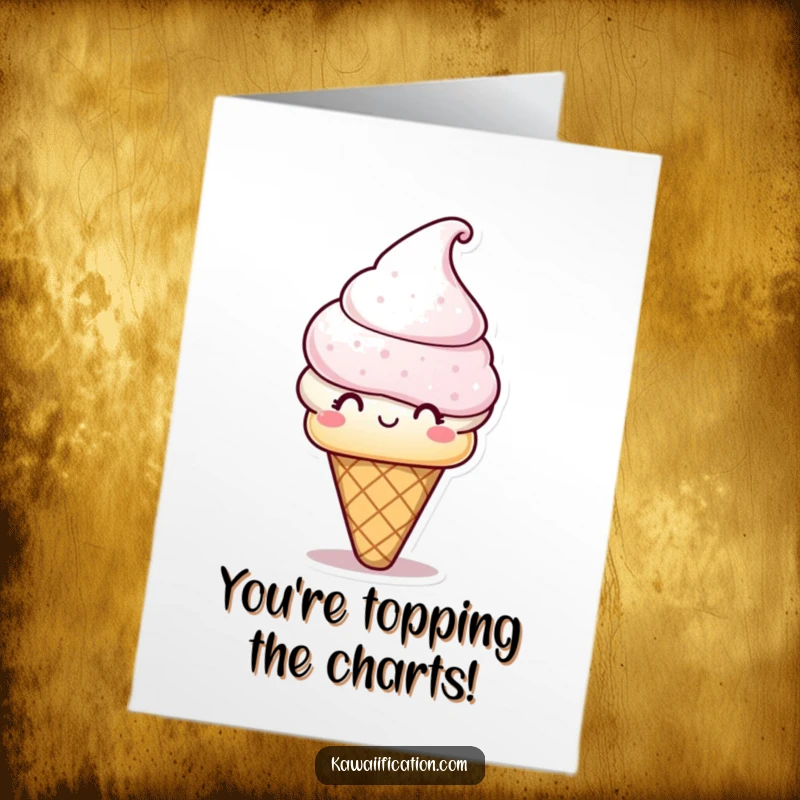 Funny Free Printable Congratulations Card of a playful ice cream cone character in a hat, celebrating sweet success.
