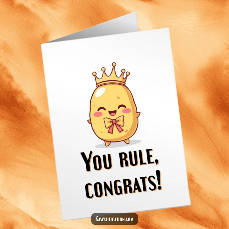 Funny Free Printable Congratulations Card: A potato character in a crown bows regally in celebration.