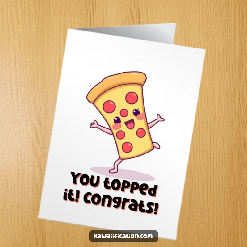 Funny Free Printable Congratulations Card: A cheerful pizza slice performs a cartwheel, celebrating your awesome achievement with cheesy flair.