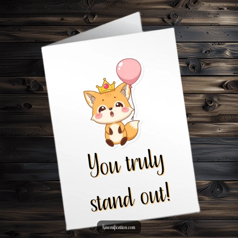 Funny Free Printable Congrats Card: Surprised fox in a tiny crown falling from a balloon, celebrating a grand event.