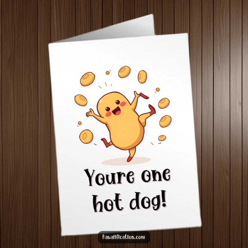 Funny Free Printable Congratulations Card: A hot dog character doing a cartwheel while juggling buns, a celebration of success and fun.