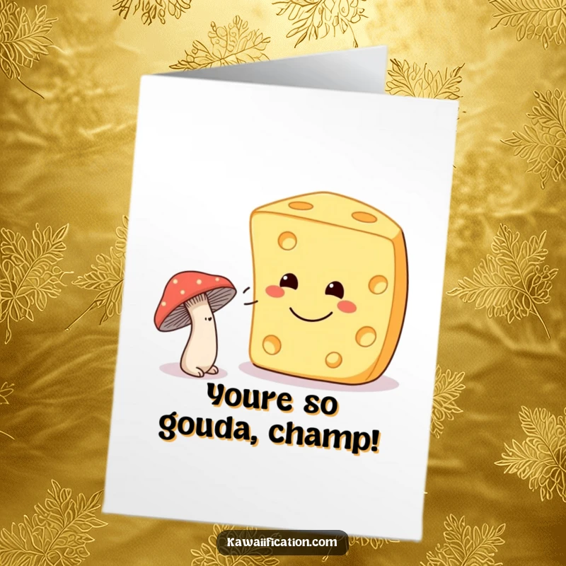 Funny Free Printable Congratulations Card: A shy mushroom winking at a huge, happy cheese, celebrating milestones with a quirky charm.