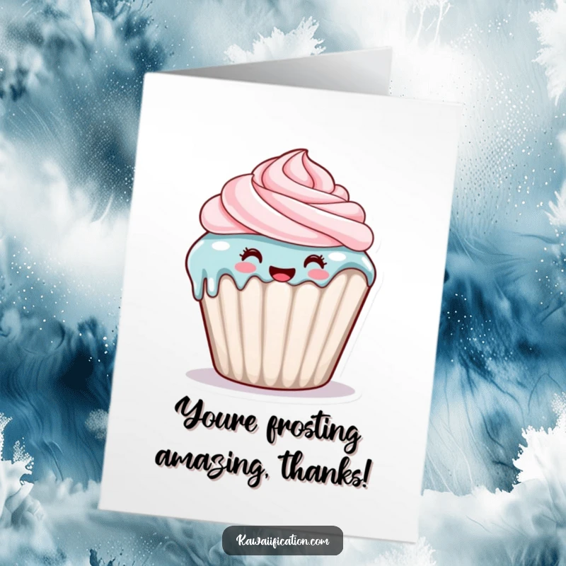 Funny Free Printable Thank You Card: A happy cupcake character with frosting dripping down its side, saying thank you sweetly.