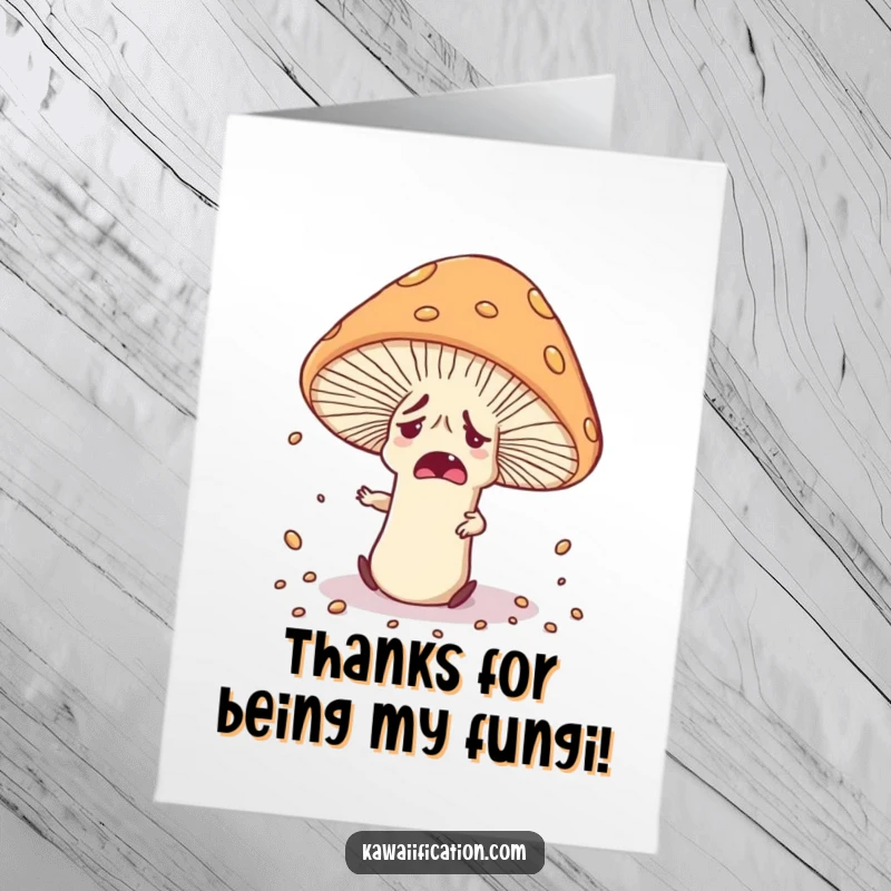 Funny Free Printable Thank You card of a nervous mushroom character tripping over its cap, scattering spores.
