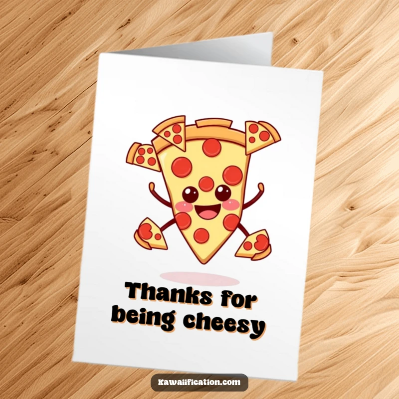 Funny Free Printable Thank You Card: Smiling pizza slice juggling pepperoni slices, expressing foodie gratitude.