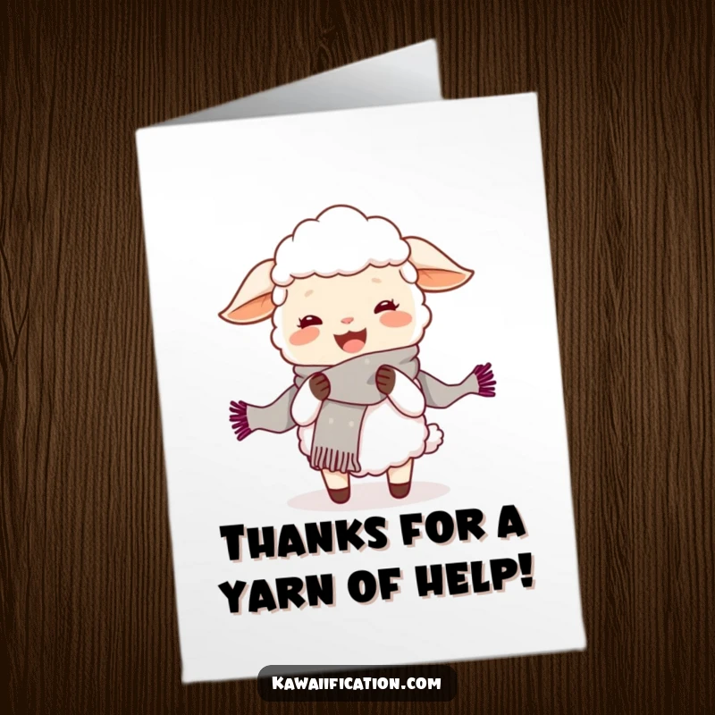 Funny free printable thank you card with a joyful sheep humorously knitting a comically long scarf, great for a DIY gift.