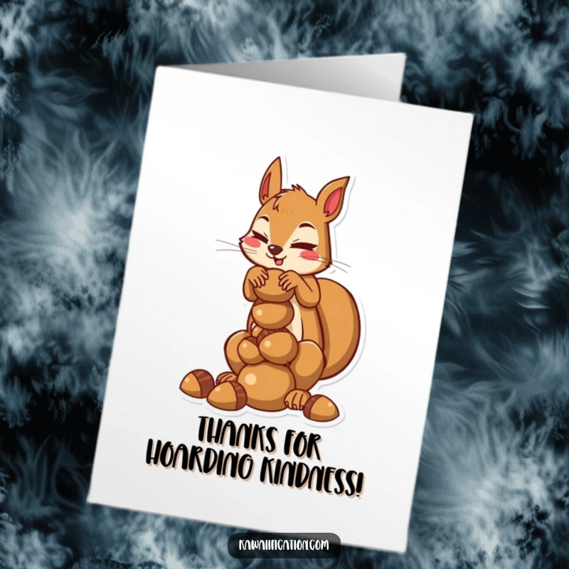 Funny free printable thank you card with a determined squirrel struggling to balance many acorns, a sweet downloadable.