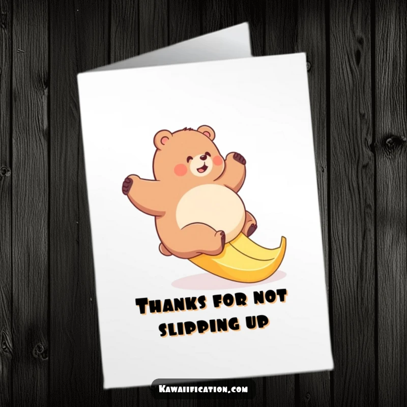 Funny Free Printable Thank You Card: A plump bear caught in a comical slip on a banana peel.