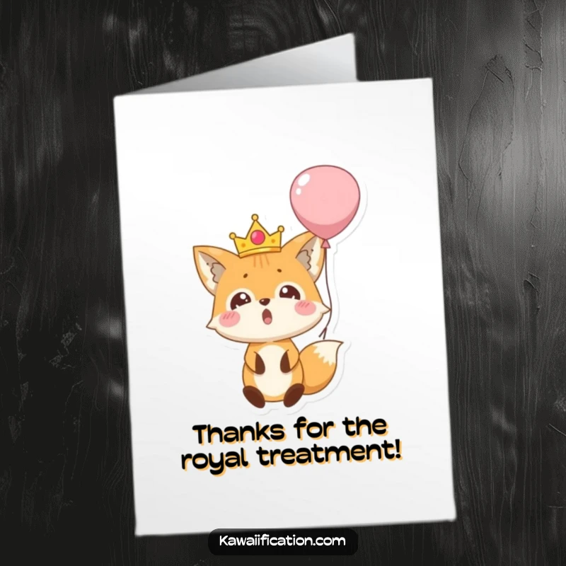 Funny Free Printable Thank You Card: Surprised fox wearing a crown, falling from a balloon, conveying thanks humorously.