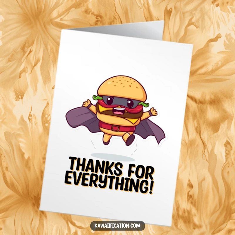 Funny Free Printable Thank You Card: A determined hamburger character executes a superhero landing to hilariously express thanks.