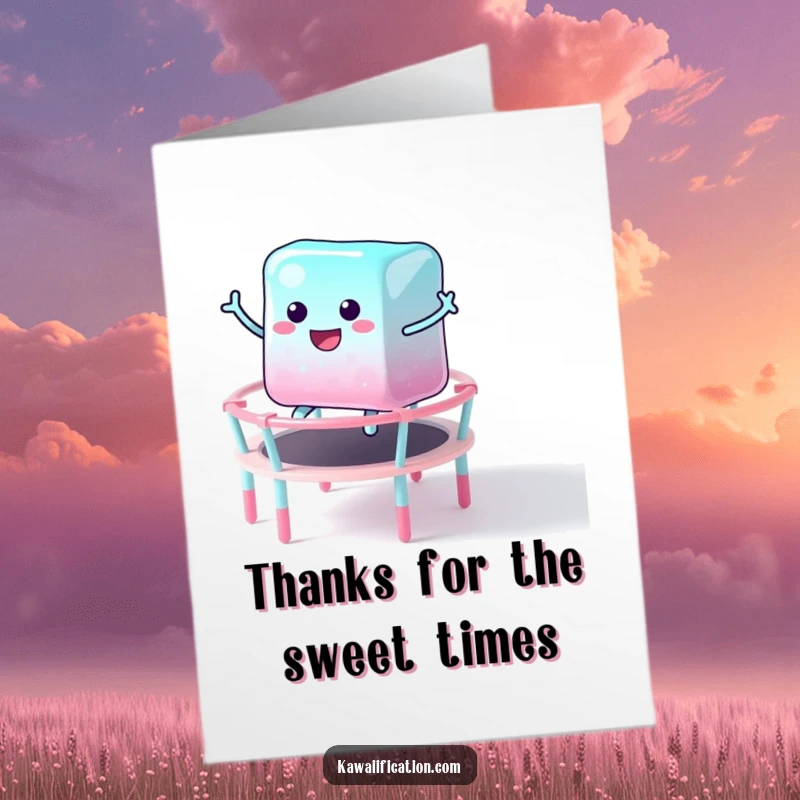 Funny Free Printable Thank You Card: Wobbly jelly cube enthusiastically bouncing on a candy trampoline.