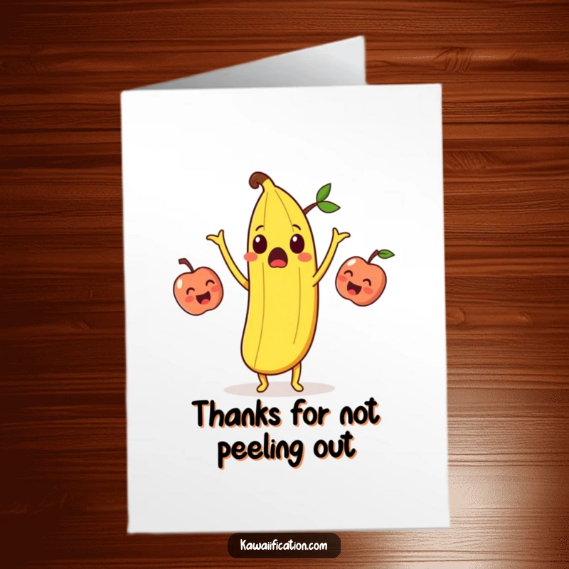 Funny Free Printable Thank You Card: A surprised banana peel juggling three giggling apples, a comical way to say thank you.
