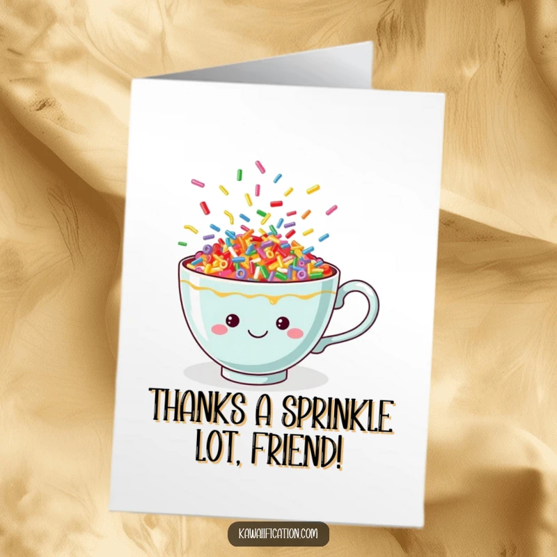 Funny Free Printable Thank You Card: A whimsical teacup overflowing with colorful, happy dancing sprinkles.