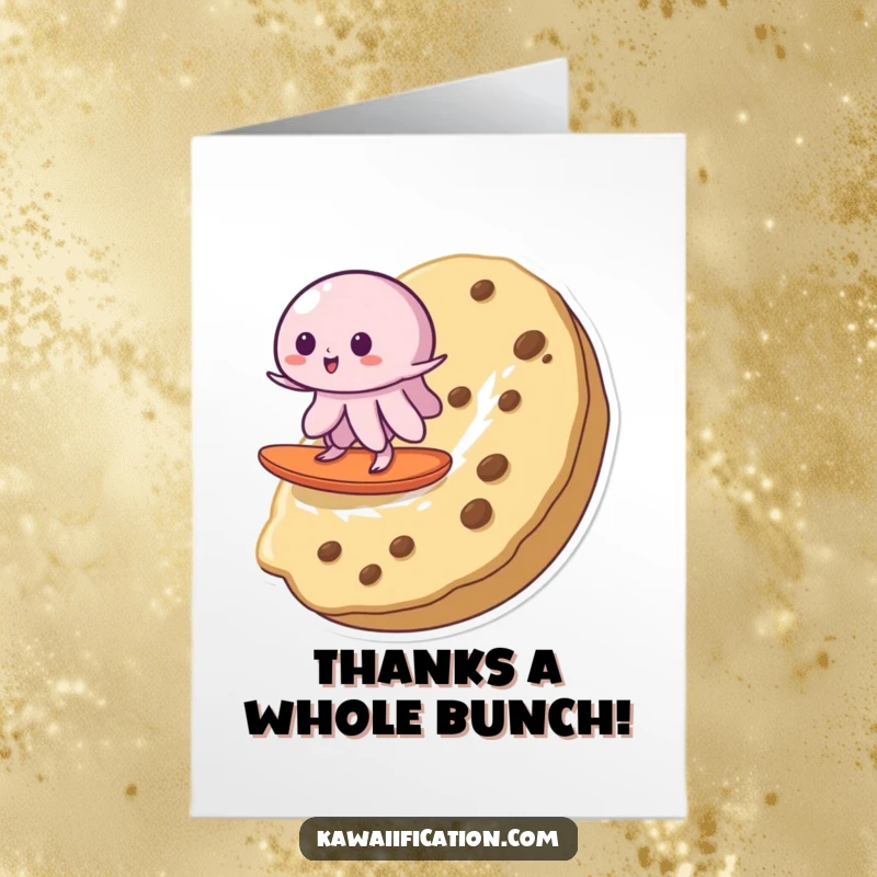 Funny Free Printable Thank You Card featuring a wobbly jelly riding a giant cookie with a happy expression.