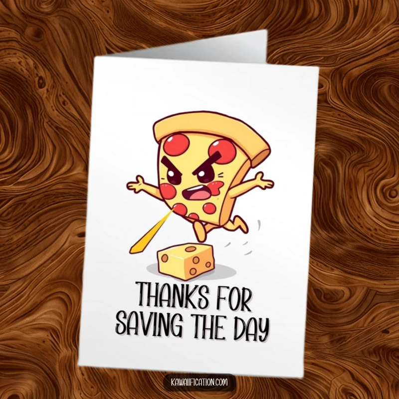 Energetic free printable thank you card of a determined pizza slice leaping over a cheese beam.