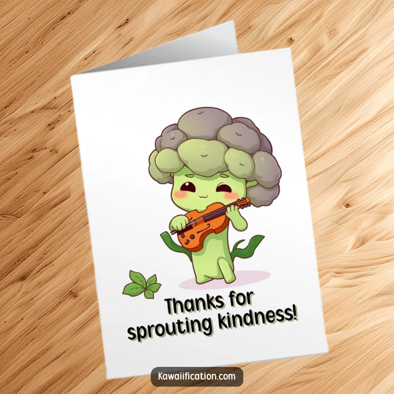 Funny Free Printable Thank You Card: Shy Broccoli Floret Plays a Tiny Violin with Gentle Shyness