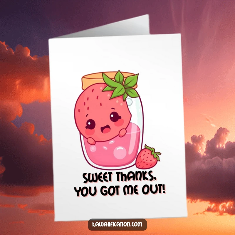 Funny Free Printable Thank You Card: A cheerful strawberry character looking surprised, stuck in a jam jar, a funny and sweet thank you.