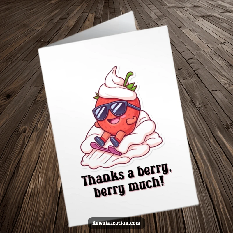 Funny Free Printable thank you card of a strawberry with sunglasses sliding down whipped cream.