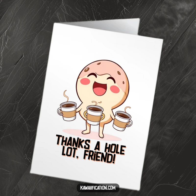 Funny Free Printable Thank You Card: A laughing donut juggles coffee cups, delivering thanks with a sweet, humorous flair.