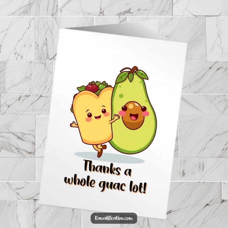Funny Free Printable Thank You Card: A happy taco waltzing with a smiling avocado, expressing thanks humorously.