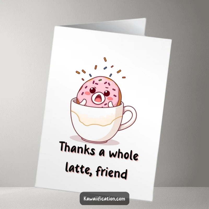 Funny Free Printable thank you card of a donut with sprinkles falling from a coffee cup.