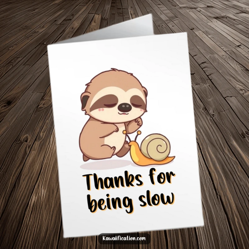 Funny Free Printable Thank You Card: A sleepy sloth acknowledges a snail's victory with a comical slow wave, a downloadable thank you.