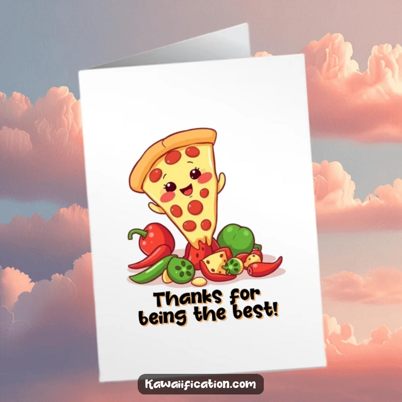 Funny Free Printable Thank You Card: Giggling pizza slice character slipping on a pepper, conveying thanks humorously.
