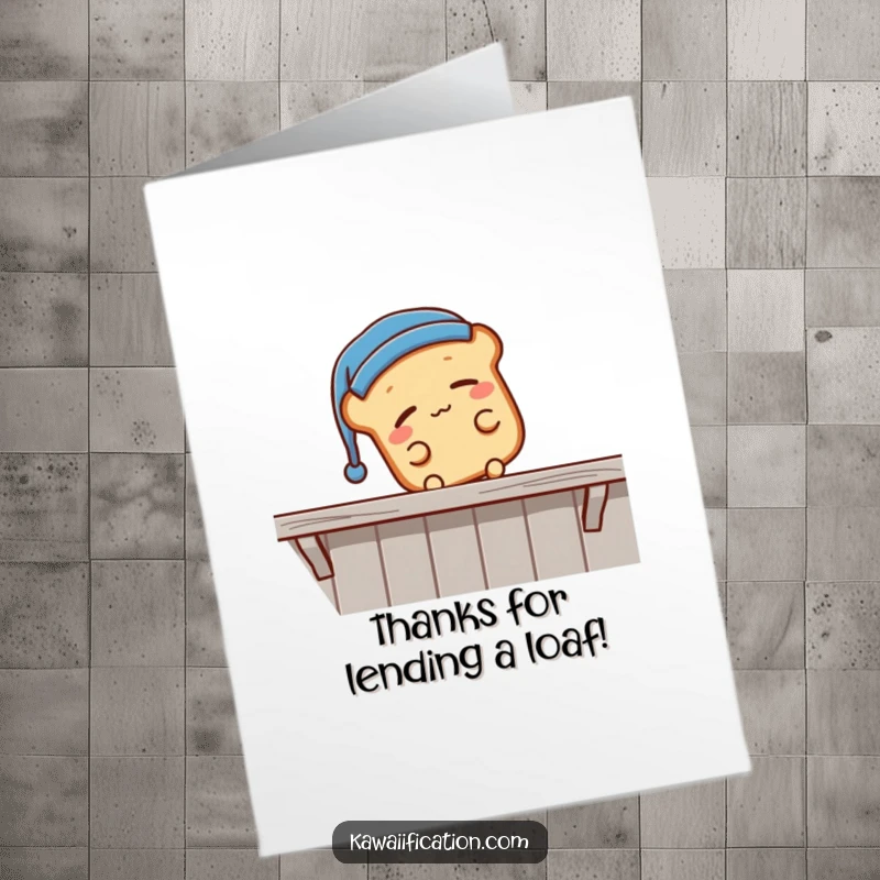 Funny Free Printable Thank You Card: A sleepy bread loaf in a nightcap falling off a shelf, a funny and downloadable thank you.