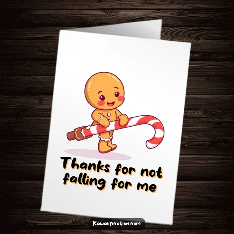 Funny free printable thank you card of a gingerbread man tripping over a big candy cane.