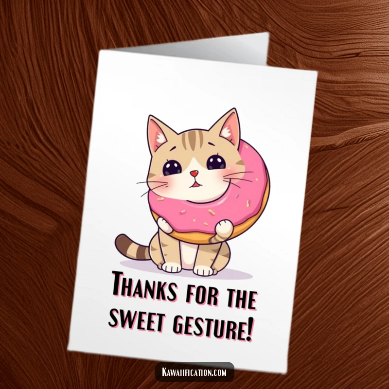 Funny Free Printable Thank You card of a wobbly cat trying to balance a giant donut on its nose.