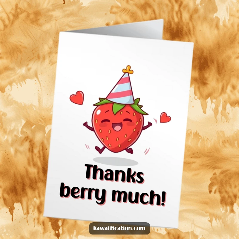 Funny Free Printable Thank You Card: Plump Strawberry in Party Hat Trips Hilariously While Saying Thanks