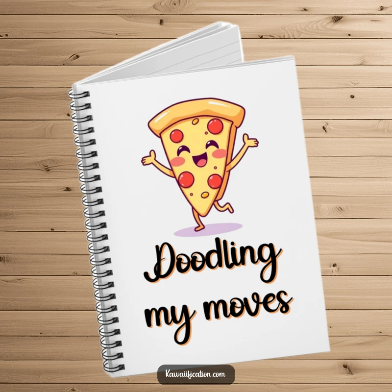 Funny notebook with a cover featuring a happy pizza slice character doing a joyful dance, perfect for writing and doodling.