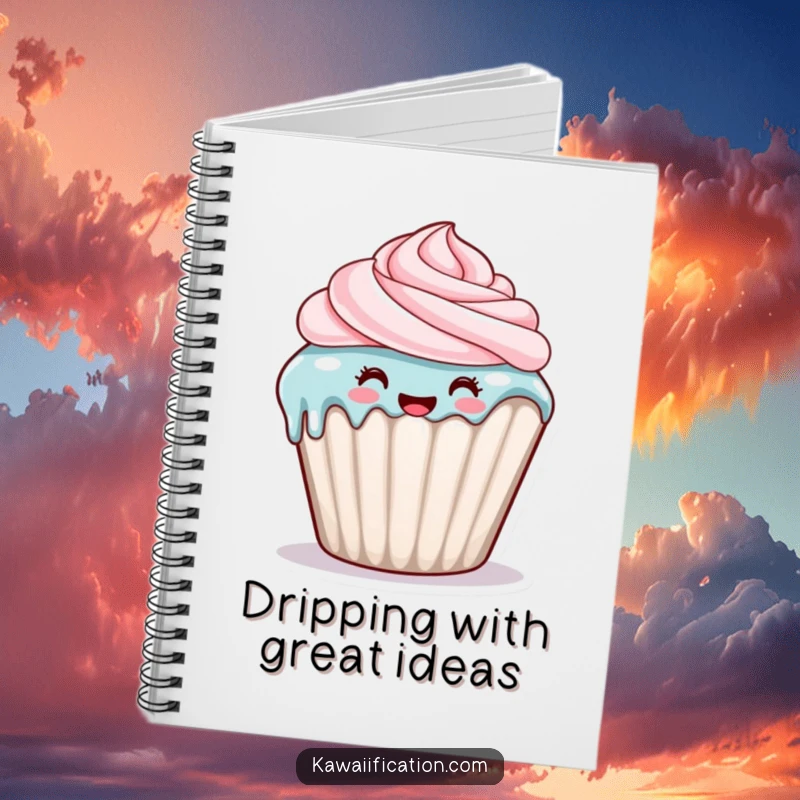 Funny notebook with a happy cupcake character with frosting dripping down its side, ideal for sweet notes and recipes.