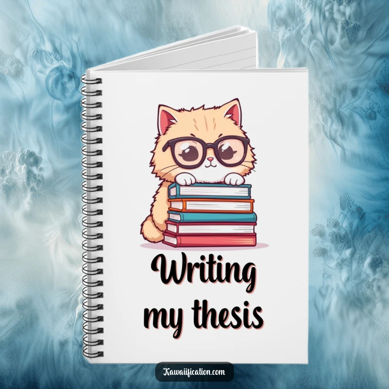 Funny cat notebook, fluffy cat wearing oversized glasses, trying to balance books, humorous and practical for taking notes.