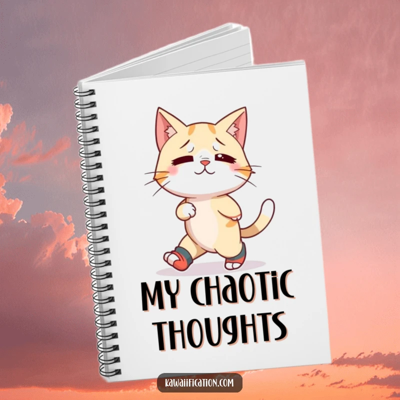 Funny notebook with a confused cat humorously wearing mismatched socks and trying to walk backward, ideal for jotting notes.