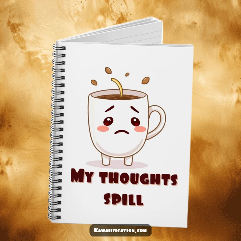 Funny notebook cover showing a confused coffee cup character hilariously trying to pour itself, perfect for jotting down morning thoughts.