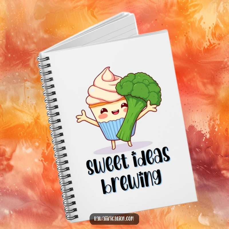 Funny happy cupcake with frosting arms hugging grumpy broccoli, a notebook with a humorous cartoon cover of food friends, excellent funny gift.