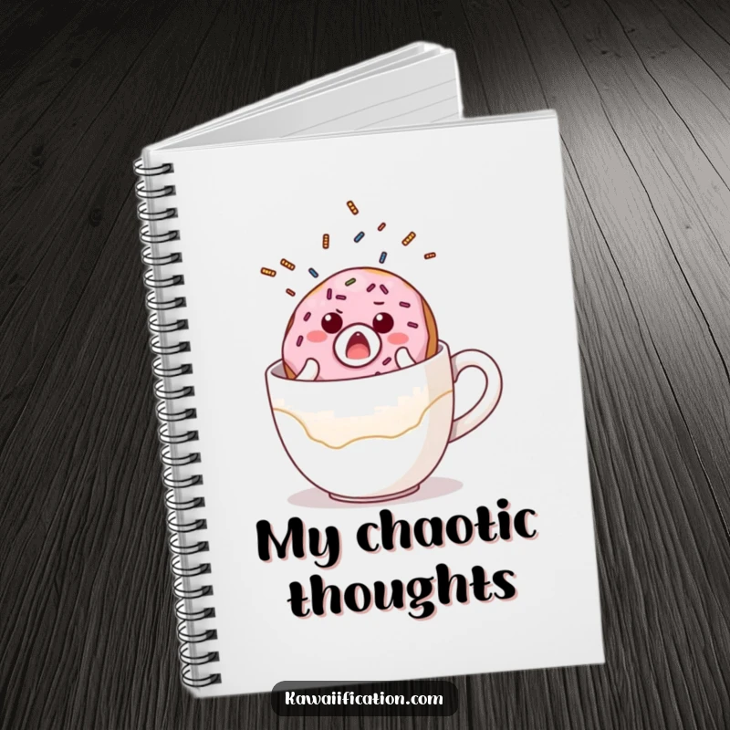 Funny notebook with a surprised donut character with sprinkles flying, comically falling off a giant coffee cup, ready for note-taking.