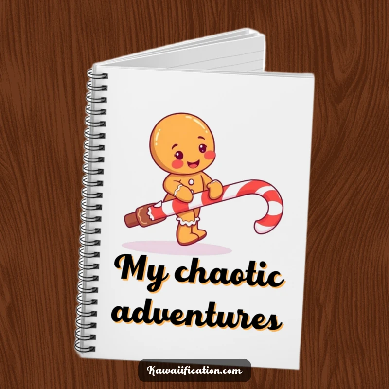 Funny notebook featuring a mischievous gingerbread man character comically tripping over a giant candy cane.