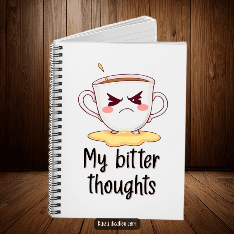 Funny notebook with a grumpy teacup spilling, attempting a wink, for jotting down humorous thoughts and ideas.