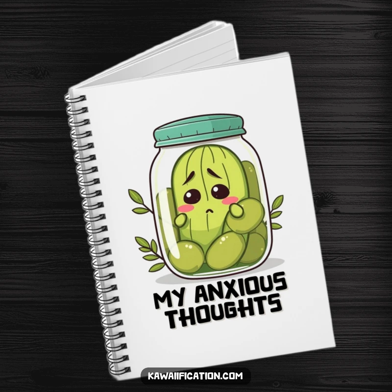Funny nervous pickle notebook trying to hide in a jar of olives, a journal for relatable thoughts, perfect funny gift.