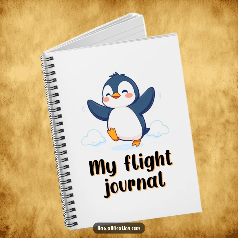 Funny Notebook with a determined penguin attempting flight with flippers, inspiring humorous writing and goal achievement.
